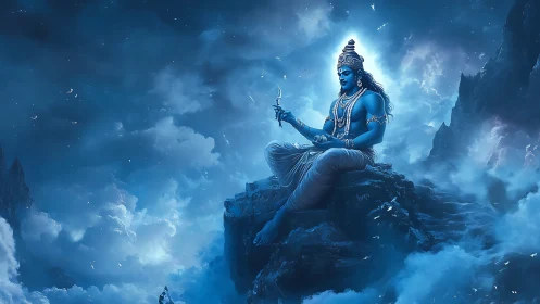Serene blue deity seated amid luminous celestial mountain clouds