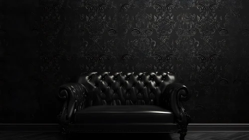 Black leather Chesterfield sofa against embossed damask wall.