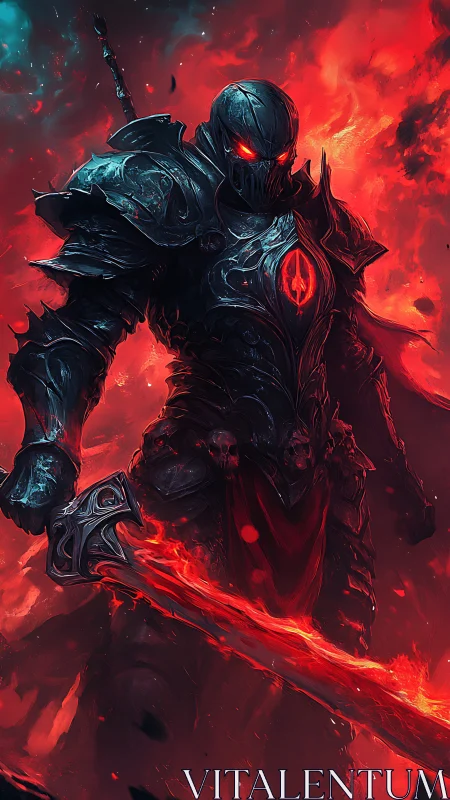 Armored figure holds a molten sword amid red energy field