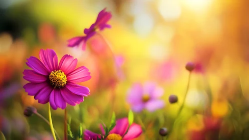 Magenta Cosmos Blooms in Golden Hour Bokeh Field.