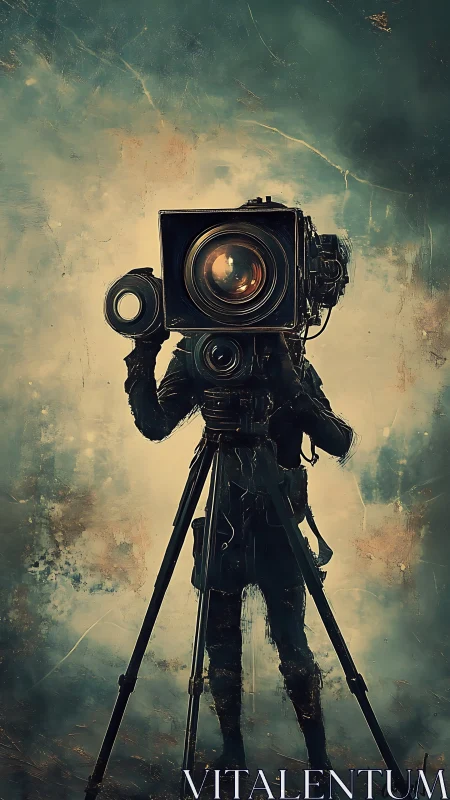 Surreal cameraman silhouette merged with vintage tripod lens.