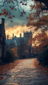 Autumn cloister street frames neo-gothic college tower at dusk