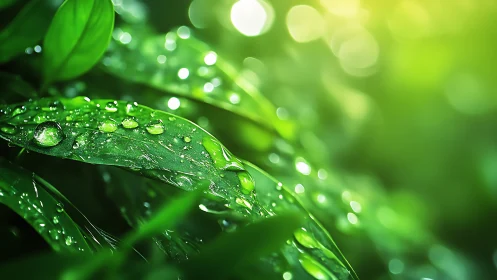 Morning dew glistens on lush green leaves in soft light.