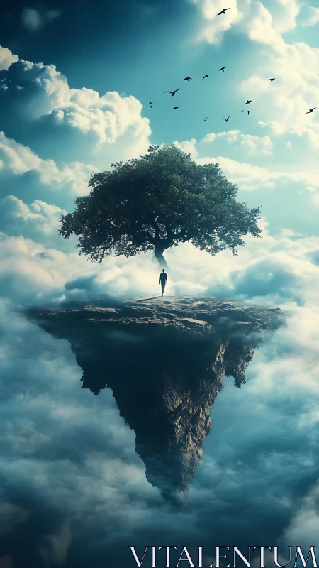 Solitary human on floating rock island with tree in clouds.
