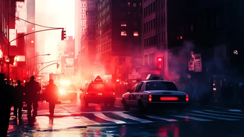 Spectral neon taxis navigating vaporous dusk city grid.