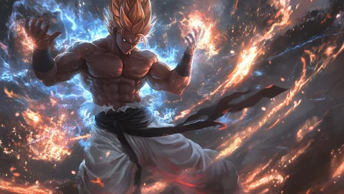 Supercharged warrior ignites cosmos with explosive energy aura.