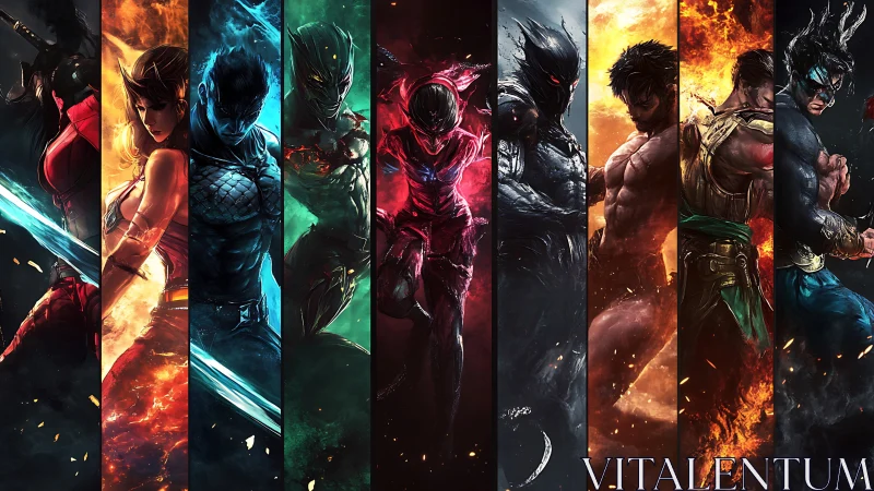 Dynamic lineup of fantasy warriors with elemental auras.