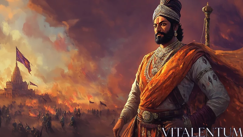 Regal warrior portrait before burning fortress in digital painting.