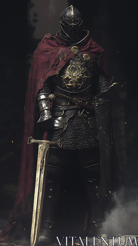 Armored dark knight stands vigilant in embers and shadow