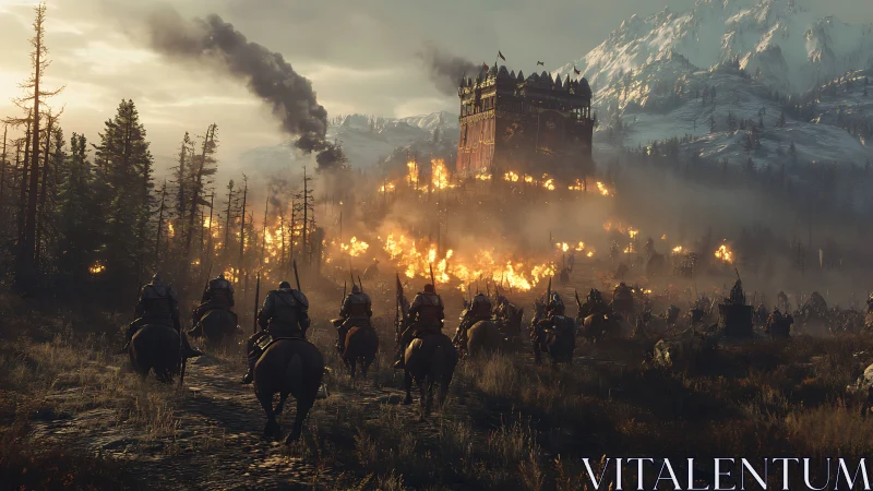 Armored cavalry advances on a burning mountain fortress at dusk