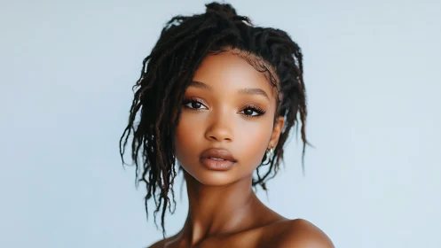 Portrait shows serene young woman with locs against blue