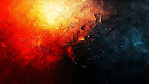 Abstract fiery and dark textured painting in bold colors.