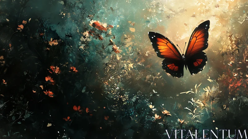 Gentle sunset butterfly drifting through a glowing forest.