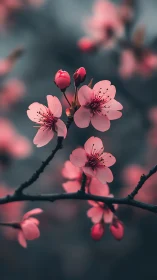 Cherry blossoms in twilight shimmer with luminous poetry.