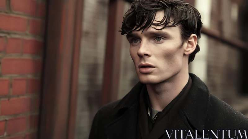 Thoughtful young man walking through a quiet brick street.