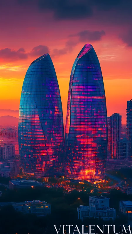 Futuristic twin glass towers under vivid sunset sky.
