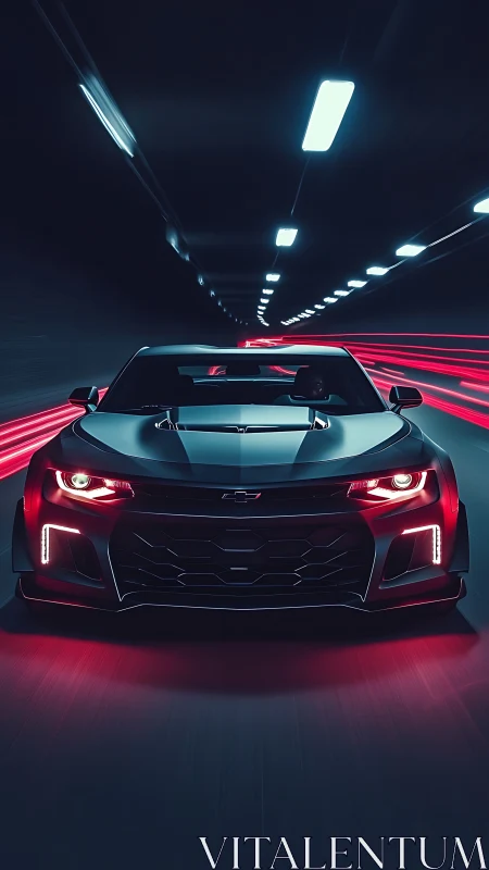 Midnight muscle car rushing through neon-lit tunnel streets.