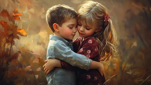 Childhood Tenderness: Two Young Hearts Embrace in Autumn