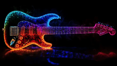 Glowing rainbow electric guitar shining in neon colors.
