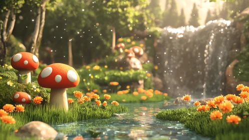 Mushroom creek daydream beneath a sparkling forest waterfall.