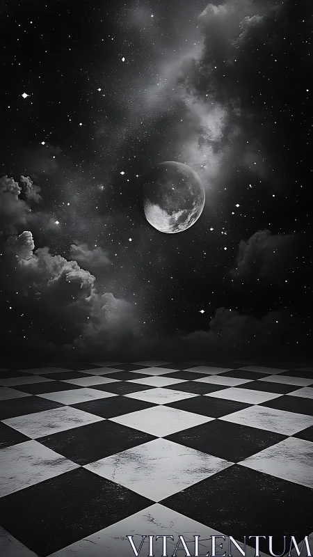 Stark lunar sky above worn black and white checkerboard.