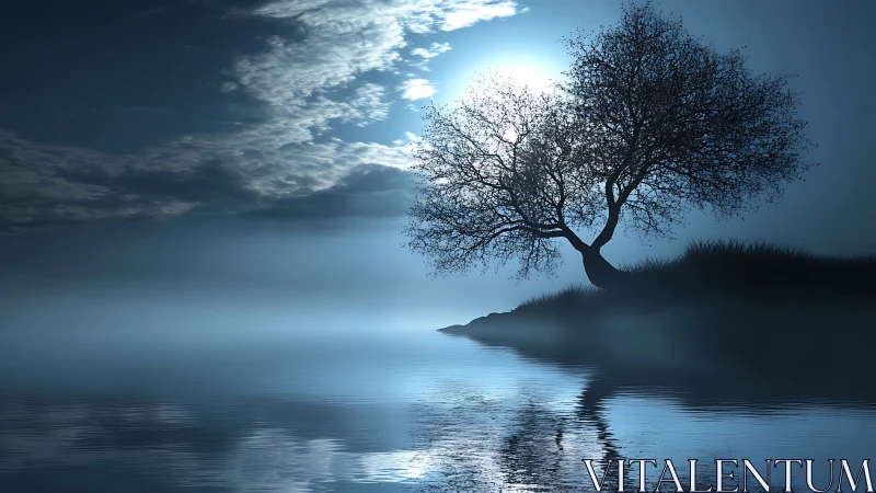Lonely tree on misty lakeshore under bright full moon.