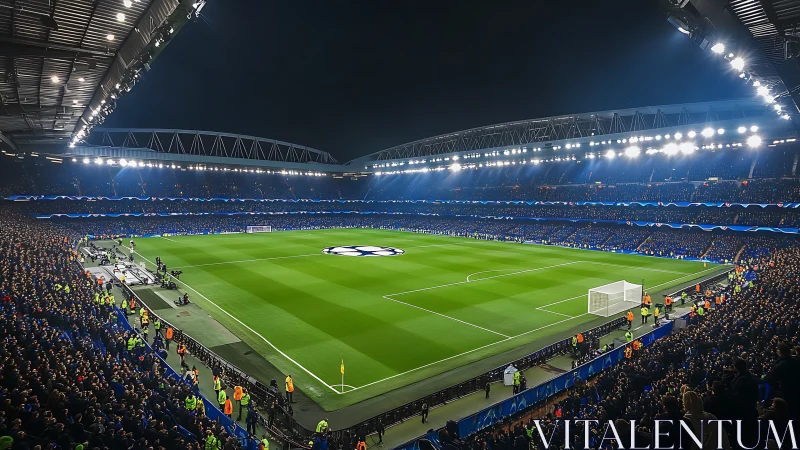Packed football stadium under floodlights before big match.