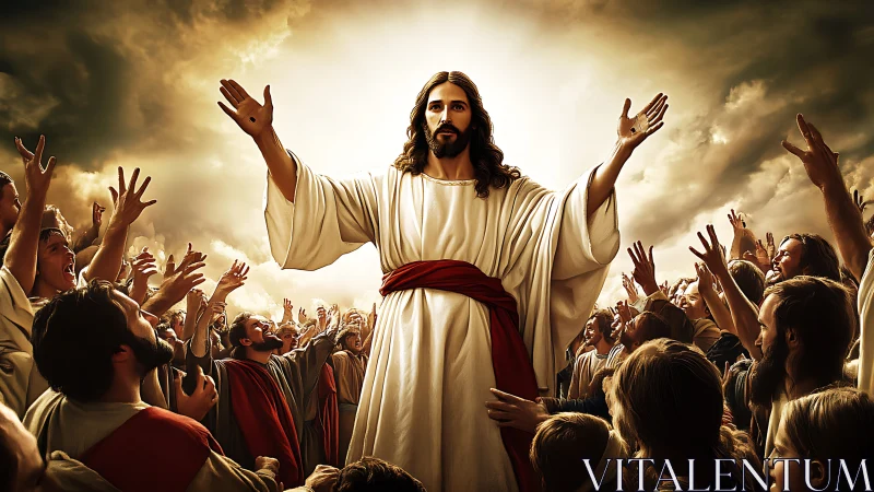 Radiant teacher among uplifted hands and hopeful hearts.