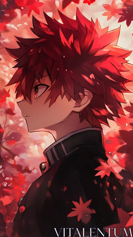 Autumn ember-haired student beneath drifting scarlet leaves.