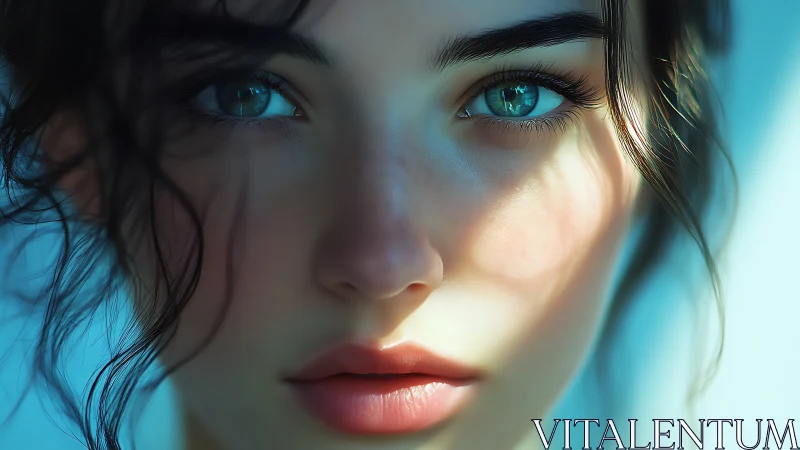 Hyperreal close-up portrait renders luminous teal eyes in focus