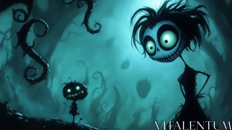 Moonlit skeletal duo in eerie teal nightmare forest.