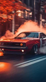 Classic muscle car roaring through a glowing city street.