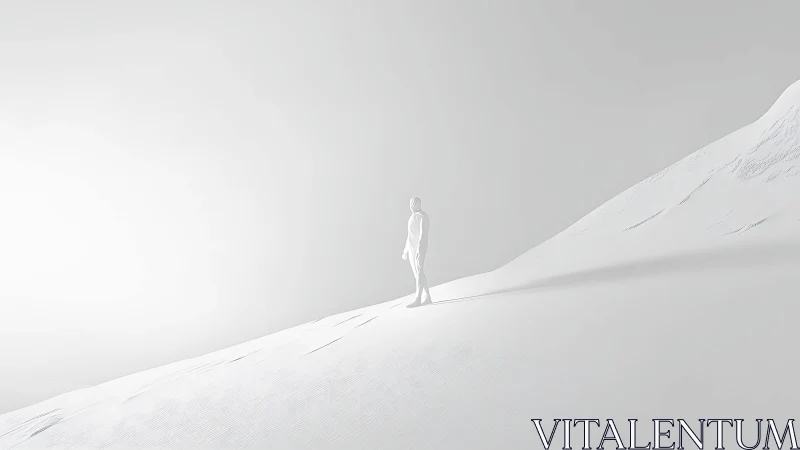 Minimalist 3D figure stands on monochrome sloping landscape