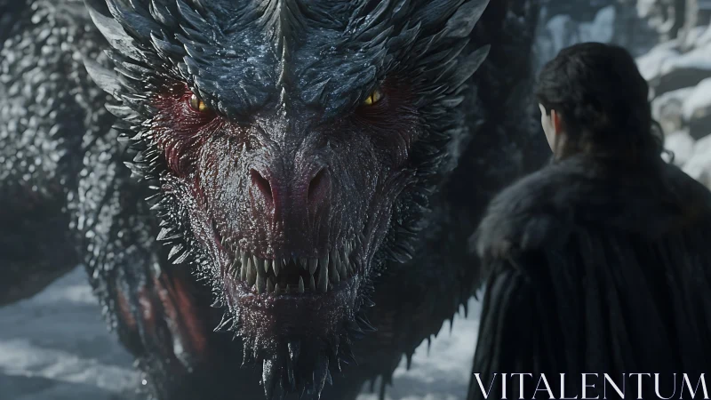 Photoreal dragon close-up confronting cloaked figure in snow