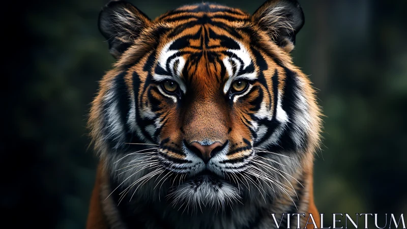 Front-facing tiger portrait under low-key forest lighting