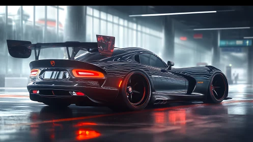 Sleek black supercar idles under neon-lit garage glow.