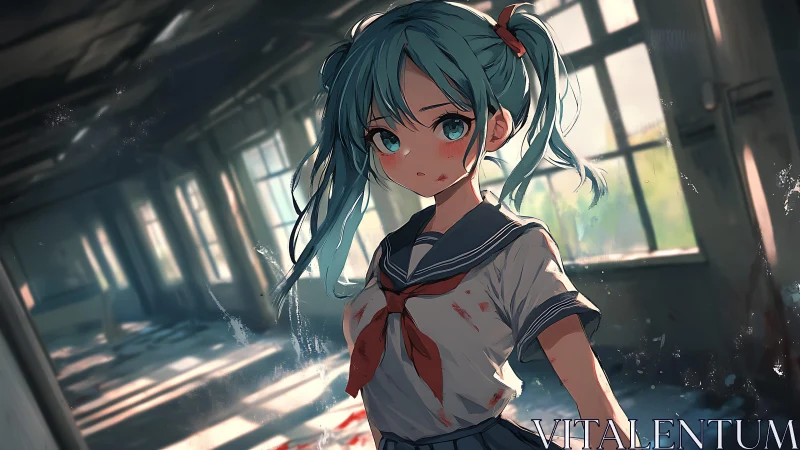 Injured schoolgirl stands in sunlit, abandoned classroom