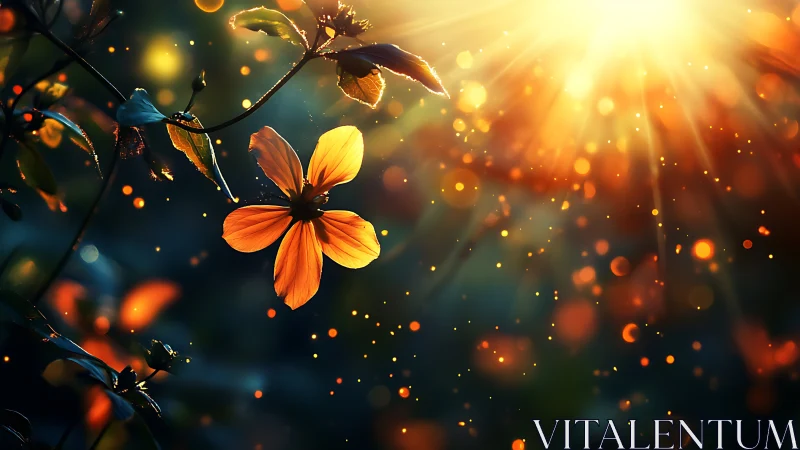 Glowing orange flower against radiant sunset bokeh field.
