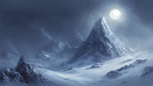 Moonlit frozen peak dominates stormy night mountain range