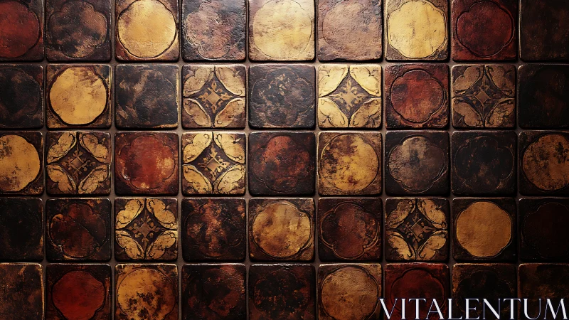 Aged ceramic tile grid shows patinated circular and floral motifs