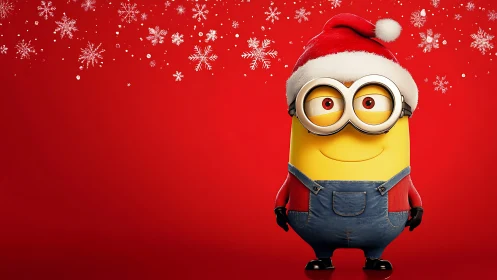 Yellow cartoon helper in Santa hat on red snowflake field