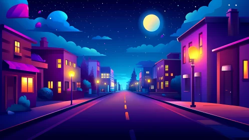 Moonlit neighborhood street glowing with cozy city lights.