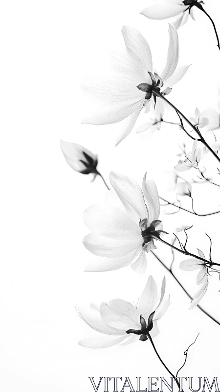 Delicate Cosmos Flowers: Monochromatic Botanical Study with Dynamic Composition.
