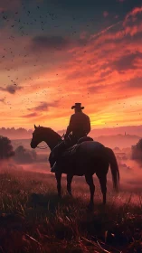Lone cowboy on horseback surveying a blazing frontier sunset.