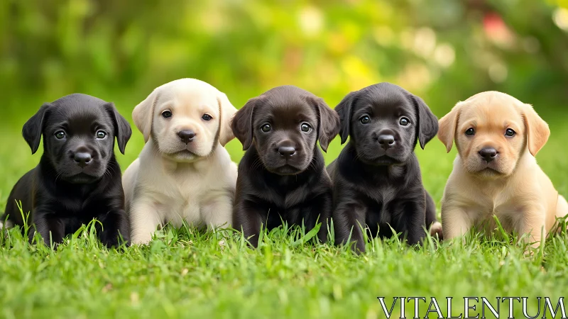 Puppy rainbow in chocolate and cream, seated on spring grass.