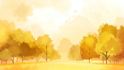 Autumn tree line in warm yellow tones under bright sky.