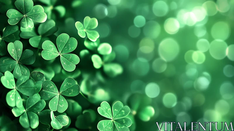 Lush shamrock clover leaves with glowing green bokeh background.