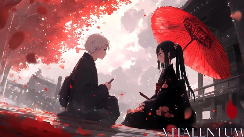 Samurai couple share a quiet vow beneath crimson leaves