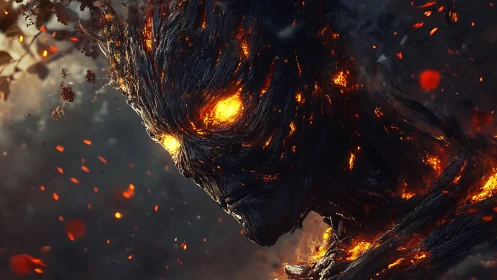 Molten bark elemental portrait in dynamic ember-lit profile.