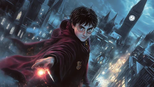 Young wizard casting magic above misty nocturnal cityscape.